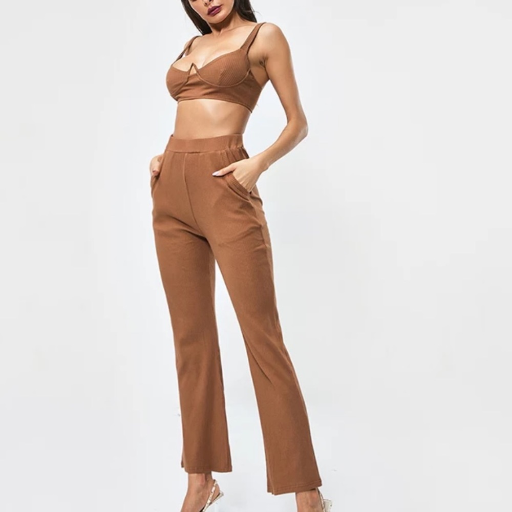 SheIn Laura Brown Ribbed Set Highwaist New - Picture 8 of 8